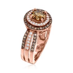 LeVian - Le Vian 1.43ct t. w. Chocolate, Vanilla Diamond Ring Round Cut in 14kt Strawberry Gold. Size 7. With a rich history dating back to the 15th century, Le Vian jewelry is well known for its decadent designs and innovative use of color. This alluring ring spotlights a .90 carat round brilliant-cut brown diamond that gleams at the center of a luxe double border on a three-row band, all studded with more petite round brilliant-cut brown and white diamonds totaling .53 carats. Finely crafted i Chocolate Diamond Wedding Rings, Le Vian Chocolate Diamond Ring, Le Vian Jewelry, Levian Rings, Diamond Ring Round, Brown Diamond Ring, Levian Jewelry, Chocolate Diamond, Diamond Birthstone