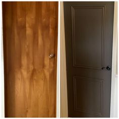 before and after pictures of an interior door being painted in dark brown with white trim