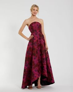 Strapless Brocade High Low A Line Gown Maxi Dresses Fall, Designer Prom Dresses, Western Chic, Daytime Dresses, Mac Duggal, Tea Length Dresses, A Line Gown, Brocade Fabric, Groom Dress