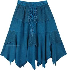 Teal Rodeo Lace Up Style Handkerchief Hem Mid Length Skirt | Turquoise | Patchwork, Stonewash, Junior-Petite, Misses, High-Low, Handkerchief, Solid,Western-Skirts Fitted Peasant Style Festival Skirt, Fitted Peasant Skirt For Festival, Fitted Peasant Tiered Skirt Bottoms, Peasant Style Fitted Tiered Skirt, Fitted Peasant Style Tiered Skirt, Fitted Cotton Peasant Skirt, Bohemian Handkerchief Hem Festival Bottoms, Medieval Skirt, Bohemian Casual Dress