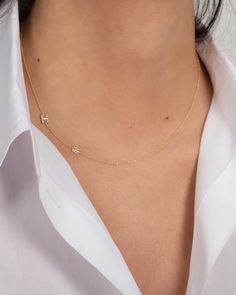 Mini Diamond Asymmetrical Initial Necklace | ZOE LEV Initials Necklace, Diamond Initial Necklace, Stacked Jewelry, White Gold Necklaces, Tennis Bracelet Diamond, Necklace Sizes, Diamond Clarity, Initial Necklace, Pave Diamonds