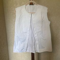 Pleated Front Detail / Hidden Buttons/ Side Vents / 100% Cotton. P2p 21” L 26” / Never Worn Cotton Vest Blouse For Work, Classic Sleeveless Top For Daywear, Casual Vest Blouse For Daywear, Sleeveless Blouse, Hugo Boss, Color White, Blouses, Womens Tops, Women Shopping