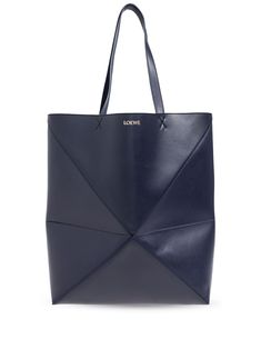 navy blue calfskin geometric panelled design folded design logo print to the front tonal stitching open top two long top handles main compartment suede lining Navy Leather Bag With Handles, Navy Leather Shopping Bag, Luxury Navy Leather Shoulder Bag, Modern Navy Leather Bags, Loewe Puzzle, Loewe Bag, Office Bag, Fine Jewelry Bracelets, Espadrille Shoes