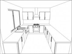 a line drawing of a kitchen with white cabinets