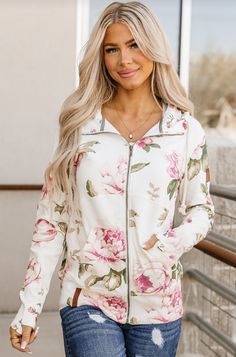 Leaf Me Breathless CollectionAllover white with pink & green floral    Stretch: Triple Stretch // TTS for a fitted lookMaterial: 95% Cotton, 5% Spandex Delicate Design, Stay Cozy, Fall Wardrobe, Floral Patterns, Easy Wear, Running Errands, Pink And Green, Stretch Fabric, Must Haves