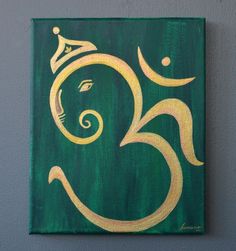 a green and yellow painting on a wall with the number thirty five in gold lettering