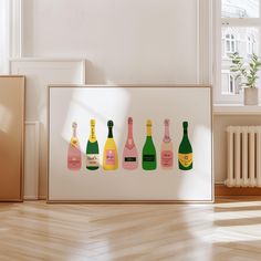 an art print with six bottles of wine in different colors and sizes on the wall