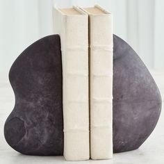 two books sitting on top of each other in front of a large rock with one book sticking out of it's side