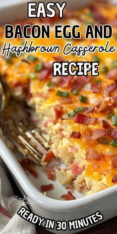 bacon egg and hashbrown casserole recipe in a white dish with a fork