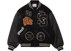 Supreme Tiger Black Varsity Jacket Supreme Varsity Jacket, Sorority Party, Black Goat, Streetwear Ideas, Varsity Hoodie, Jacket Ideas, Knitted Collar, Varsity Jackets, Unisex Jacket