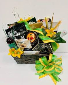 a basket filled with lots of food and condiments