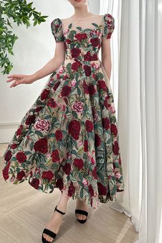 Floral Embroidered Midi Dress For Garden Party, Floral Embroidery Short Sleeve Midi Dress For Party, Floral Applique Short Sleeve Dress For Garden Party, Short Sleeve Floral Applique Dress For Garden Party, Short Sleeve Rose Print Dresses For Party, Short Sleeve Rose Print Party Dresses, Elegant Short Sleeve Dresses With Rose Print, Elegant Short Sleeve Rose Print Dresses, Short Sleeve Embroidered Midi Dress For Garden Party