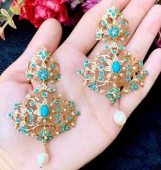 All Gold Plated Earrings 22k Gold Jewelry Necklaces, Bridal Necklace Designs, Studded Earrings, Sapphire Beads, Gold Jewellry, Gold Plated Jewellery, 22k Gold Jewelry, Edwardian Style, Pearl Necklace Set