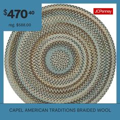 a round rug with the words $ 47 00 reg $ 38 00 capel american traditional braid