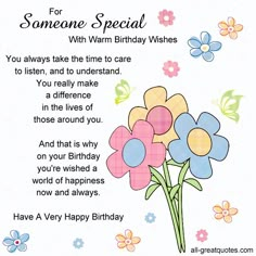 a birthday card for someone special with flowers on the front and back of it,