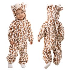 a baby in a giraffe costume standing next to an adult one piece onesuit