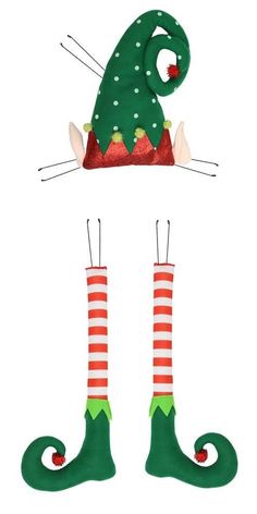 3 Pc Polka Dot/Stripe Elf Kit: Red/Emerald/Wht - XC6225 - The Wreath Shop Elf Hat With Ears, Elf Decor, Elf Wreath, Green Elf, Wreath Kit, Happy Halloween Signs, Elf Kit, Baby Wreath, Elf Shoes