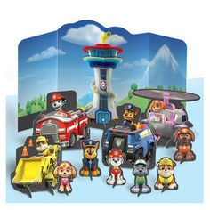 the paw patrol playset is shown in this image, and includes all of its vehicles