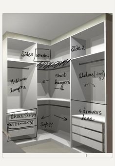 the closet is labeled with measurements for different items to be put into it, including drawers and shelves