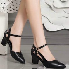 Women's Elegant Pointed Toe Ankle Strap High Heel Shoes. Size 6 Black Round Toe Court Shoes For Summer, Black Ankle Strap Court Shoes For Summer, Black Round Toe Block Heels For Spring, Black Closed Toe Court Shoes For Spring, Black Closed Toe Block Heels For Spring, Spring Black Closed Toe Block Heels, Black Court Shoes For Spring, Black Block Heels With Heel Strap And Round Toe, Black Ankle Strap Court Shoes For Spring