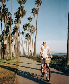 a woman riding a bike down a sidewalk next to palm trees and the ocean in the background