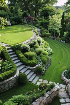 an outdoor garden with stone steps and green lawning, surrounded by lush greenery