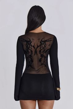 Shop Black Wings Mesh Dress | Jaded London | Clothing Fluted Sleeves, Transparent Dress, Club Night, Black Wings, Jaded London, Design Artwork, Looks Black, Lace Midi Dress, Long Sleeve Bodycon