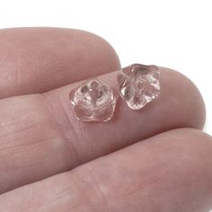 a person's left hand holding two small clear glass pieces in their palm area