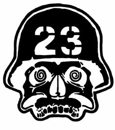 a black and white drawing of a skull wearing a helmet with the number 23 on it