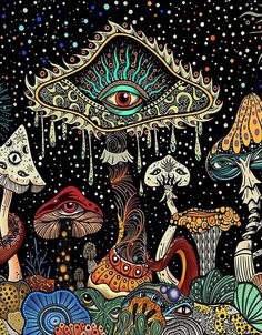 an artistic painting of mushrooms and other things in the night sky with eyes on them