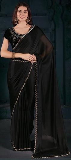 Black and Grey color Saree in Chiffon fabric with Zircon work Traditional Black Saree With Dori Work, Festive Black Blouse Piece With Dori Work, Festive Black Blouse With Dori Work, Formal Black Georgette Traditional Wear, Black Dori Work Blouse Piece For Diwali, Black Blouse Piece With Dori Work For Diwali, Black Saree With Dori Work For Diwali, Elegant Black Art Silk Traditional Wear, Black Anarkali Saree With Dori Work