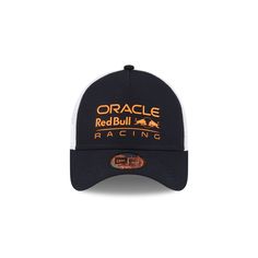 the oracle red bull racing hat is shown in black and white with an orange logo