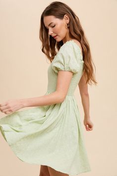 Dress With Puffed Sleeves, Corset Bodice, Green Mini Dress, Cotton Midi Dress, Puffed Sleeves, Green Cotton, Lime Green, Side Zipper, Smocking