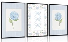 three framed pictures with blue flowers on them