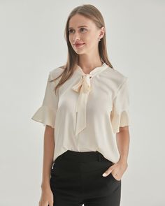 Women Bow-tie Neck Silk Blouse Fitted Professional Blouse, Professional Fitted Blouse For Workwear, Solid Stretch Blouse For Formal Wear, Stretch Blouse For Formal Occasions, Formal Stretch Blouse, Fitted Professional Tops, Professional Tops For Work, Professional Workwear Tops, Summer Office Blouse With Stretch