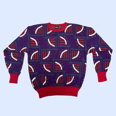 "Vintage patterned sweater, manufactured by Head Sportswear, circa 1990s. The piece has a an abstract semi-circle pattern that almost looks like watermelons designs (but somehow, could also be great as a winter-time sweater). The colors include: purple, red, gold, blue and white. The size tags were removed, so please see all measurements.     - Time period: 1990s    - Brand: Head Sportswear    - Size: tag removed, see measurements    - Colors: purple, red, gold, blue, white    - Condition: in go Watermelon Designs, Patterned Sweater, Colors Purple, Sweater Vintage, Purple Sweater, Pattern Sweater, Circle Pattern, Vintage Pattern, Wool Sweater