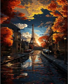 a painting of the eiffel tower in autumn