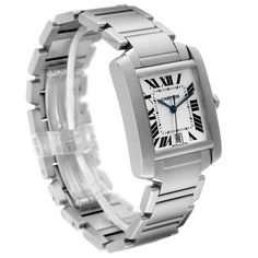 Cartier Tank Francaise Large Automatic Steel Mens Watch W51002Q3. Automatic self-winding movement. Rectangular stainless steel case 28.0 x 32.0 mm. Octagonal crown set with a blue spinel cabochon. . Scratch resistant sapphire crystal. Silver guilloche dial with black radial Roman numeral hour markers and an inner minute track. Sword-shaped blued steel hands. Date calendar window at 6 o'clock aperture. Secret Cartier signature at VII. Stainless steel bracelet with hidden butterfly clasp. Fits up Cartier Rectangular Dial Watch With Date Display, Cartier Watch With Rectangular Dial And Date Display, Cartier Watches With Date Display And Rectangular Dial, Luxury Cartier Watch With Date Display, Cartier Formal Watches With Date Display, Elegant Cartier Watch With Date Display, Elegant Cartier Watch Accessories With Date Display, White Cartier Watch With Date Indicator, Modern Cartier Watch With Metal Dial