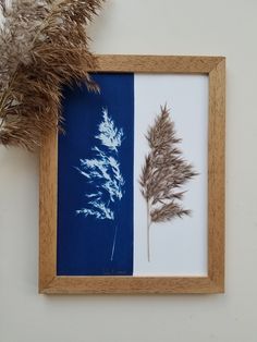 two dried plants sit in front of a blue and white striped wall with a wooden frame