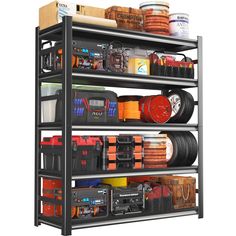 a metal shelving unit with various items on it and containers in the bottom shelf