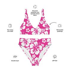 It’s so easy to fall in love with this bikini set. Removable pads and its double-layer make it comfy to wear all day by the pool or at the beach. • Double-layered and non-reversible • Removable padding • Tear-away care label • Zig-zag stitching This product is made especially for you as soon as you place an order, which is why it takes us a bit longer to deliver it to you. Making products on demand instead of in bulk helps reduce overproduction, so thank you for making thoughtful purchasing deci Beach Party Swimwear With Removable Bra Pads, Tropical Seamless Swimwear For Sunbathing, Trendy Summer Swimwear With Removable Bra Pads, Trendy Poolside Swimwear With Bra-friendly Design, Trendy Poolside Swimwear, Trendy Swimwear With Removable Bra Pads For Summer, Trendy Bra-friendly Swimwear For The Beach, Tropical Seamless Swimwear For Poolside, Pink Vacation Swimwear With Uv Protection