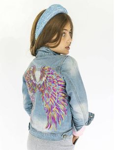 Lola & The Boys Jackets & Bombers Neon Angel Wings Denim Jacket Cute Medium Wash Denim Jacket, Cute Denim Jacket For Fall, Cute Fitted Blue Denim Jacket, Cute Winter Denim Jacket, Cute Blue Denim Jacket, Neon Angel Wings, Teddy Bear Pants, Light Denim Jacket, Light Wash Denim Jacket