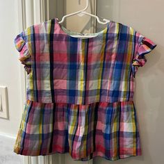 Never Worn - Nwt (Tag Is Ripped - As Pictured) Adorable For Fall Plaid Top With Flutter Sleeve Gap Ruffled Short Sleeve Tops, Pink Flutter Sleeve Casual Top, Short Sleeve Ruffle Tops For Playwear, Playful Ruffle Tops For Playwear, Playful Ruffled Tops For Playwear, Blue Short Sleeve Top For Playdate, Summer Flutter Sleeve Tops For Playtime, Multicolor Spring Playwear Tops, Multicolor Summer Tops For Playdate