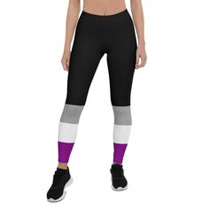 Black Asexual Flag Leggings | Ace Pride Leggings - On Trend Shirts – On Trend Shirts Purple Compression Leggings For Training, Sporty Purple Yoga Pants For Training, Purple Casual Tights For Gym, Purple Stretch Sporty Tights, Casual Purple Tights For Gym, Casual Purple Gym Tights, Sporty Purple Training Leggings, Purple Sporty Leggings For Gym, Purple Athleisure Leggings For Running