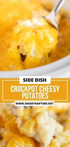 side dish crockpot cheesy potatoes in a white bowl with a spoon