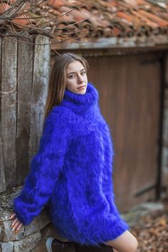 "Royal blue oversized mohair sweater with huge turtleneck for winter DETAILS - Made from High Quality Mohair - The model is 170 cm tall (regular S) - The sweater on picture is size 4XL - As mostly all models in our shop the sweater is loose fit - Colour on photo - blue Details Sweater in the pictures : 1-Sweater Length73cm,28,7inch 2-Sweater Chest64cm,25,2inch 3-Sweater Sleeves54cm,21,3inch 4- Turtleneck Length30cm,11,8inch FIT - The sweater is of loose fit designed to have comfortably roomy fit Fuzzy Sweater Outfit, Fuzzy Mohair Sweater, Angora Sweater, Detailed Sweater, Fuzzy Sweater, Mohair Wool, Mohair Sweater, Pullover Sweater Women, Softest Sweater