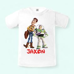 Toy Story T shirt Buzz Lightyear And Woody, Woody From Toy Story, Woody And Buzz, Personalized Birthday Shirts, Woody Toy Story, Disney Shirt, Buzz Lightyear, Blue Outfit, Yellow And Blue