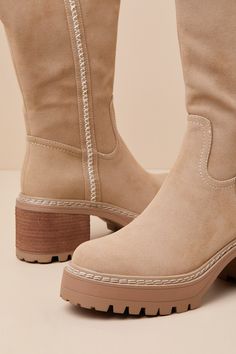 Certified cute and ready for anything, the MIA Teirson Sand Suede Stitched Platform Knee-High Boots are here to complete your closet! These stomp-worthy boots have a soft vegan suede construction that shapes a rounded upper atop a 1"" toe platform. An 11.5"" knee-high shaft boasts contrasting ivory stitching as it rises to a 14.75"" circumference. Pull tab at the outstep and a 12"" zipper at the instep make for easy on-and-off. Chunky wood-look block heel with a lug sole completes the fall-ready Knee High Fall Boots, Taupe Boots, Boots Platform, Heel Boots, Lug Sole, High Heel Boots, Pull Tab, Vegan Friendly, Knee High Boots