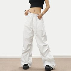 5ft 4''(163cm) tall, 97 lbs(44kg) weight and wearing a size M - Wide straight fit- Adjustable ankle- Drawstring- 6 colors Relaxed Fit Wide Leg Cargo Pants, White Full Length Sweatpants For Sports, Baggy Wide-leg Sports Pants, Solid Full-length Sportswear Bottoms, Solid Full Length Sportswear Bottoms, Baggy Solid Color Sports Pants, Solid Sports Ankle-length Pants, Sporty Straight Cargo Pants For Spring, Baggy Straight Leg Sports Pants