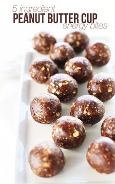 chocolate peanut butter cup energy bites on a white plate with text overlay that reads, 5 ingredient peanut butter cup energy bites